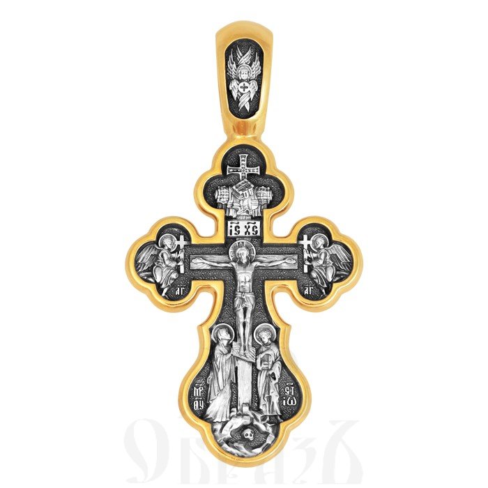 крест «распятие. икона божией матери «нерушимая стена». три святых», серебро 925 проба с золочением (арт. 101.833-п)